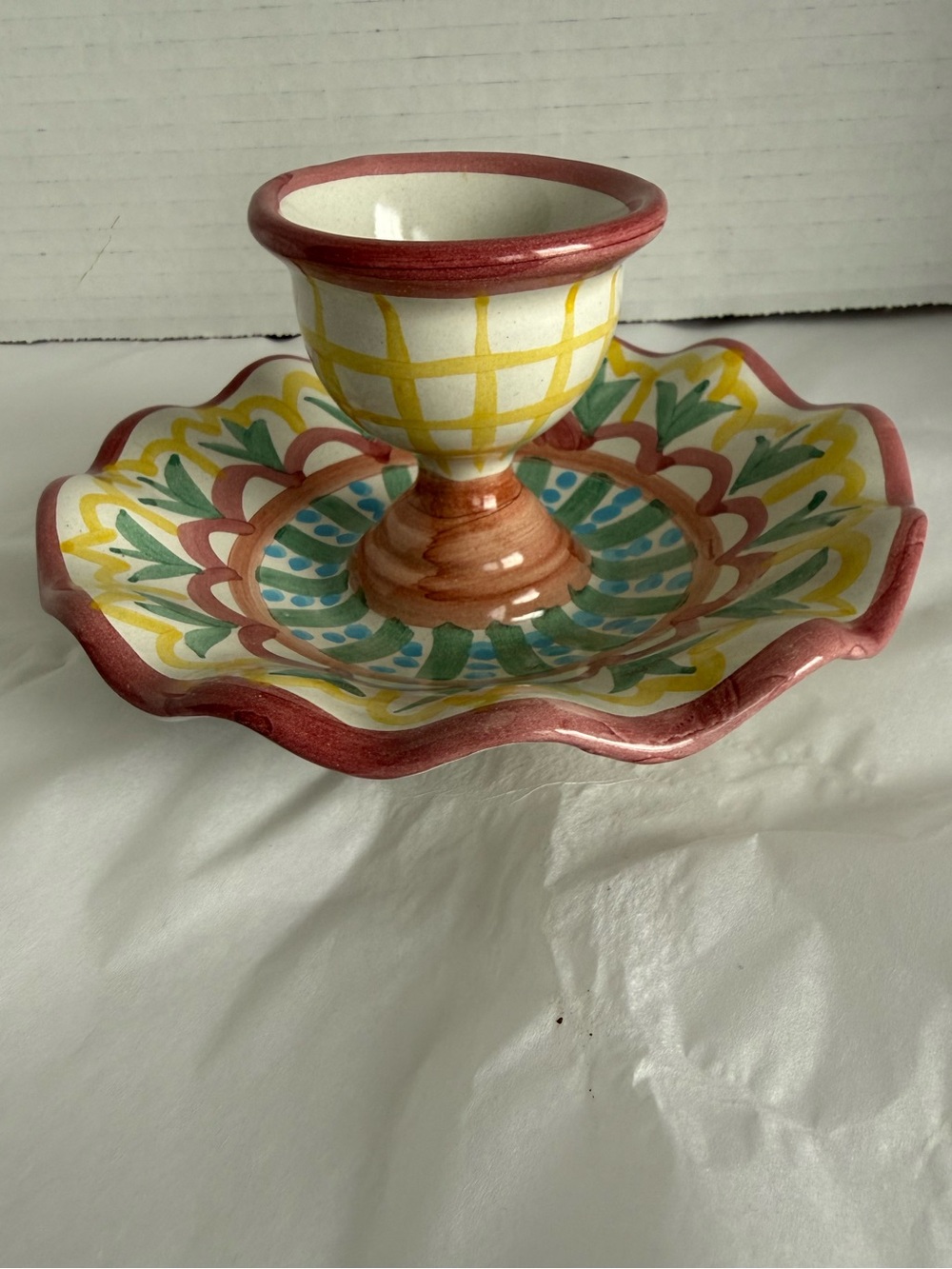 VTG MacKenzie-Childs Madison Egg Cup & Saucer Underplate Hand Painted Ceramic